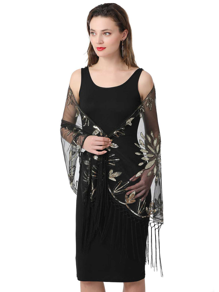 1920er Quaste Pailletten Netz Blumen Cape