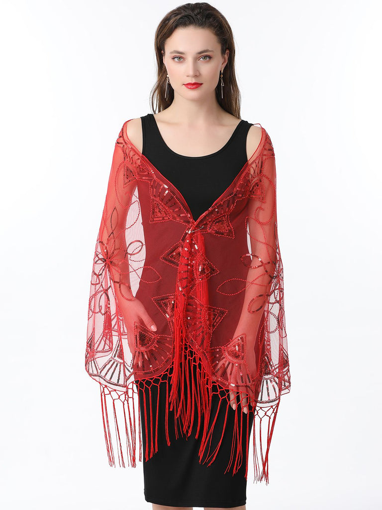 1920er Quaste Pailletten Netz Geometrische Muster Cape