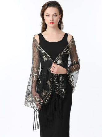 Gold 1920er Quaste Pailletten Netz Geometrische Muster Cape