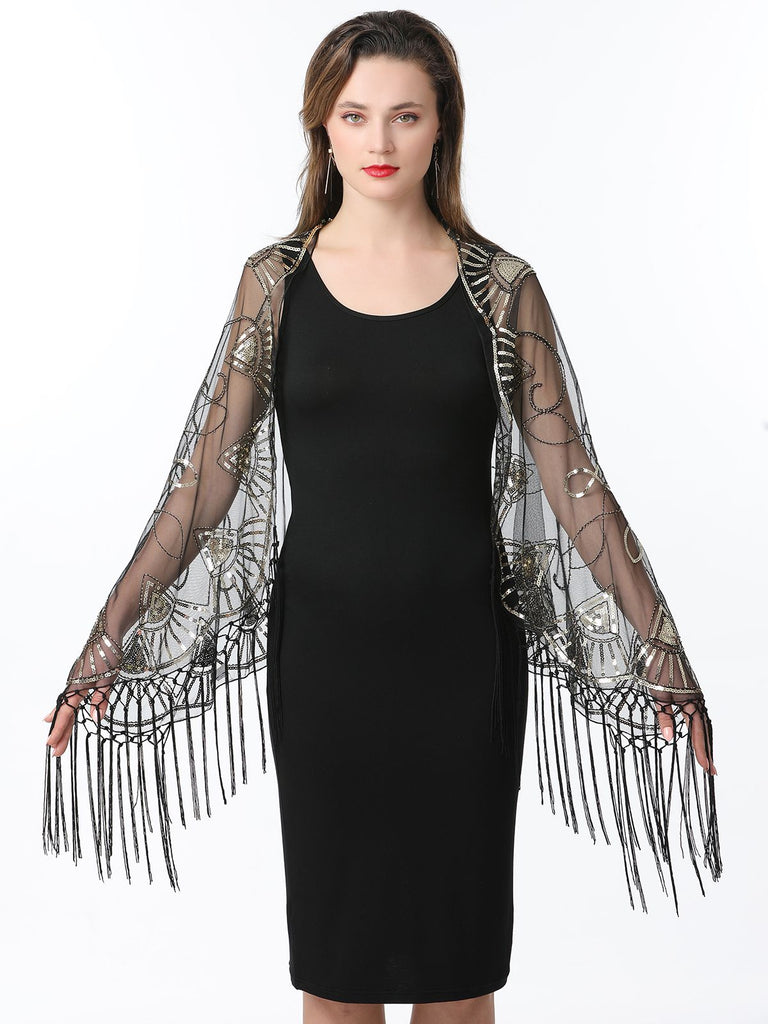 1920er Quaste Pailletten Netz Geometrische Muster Cape