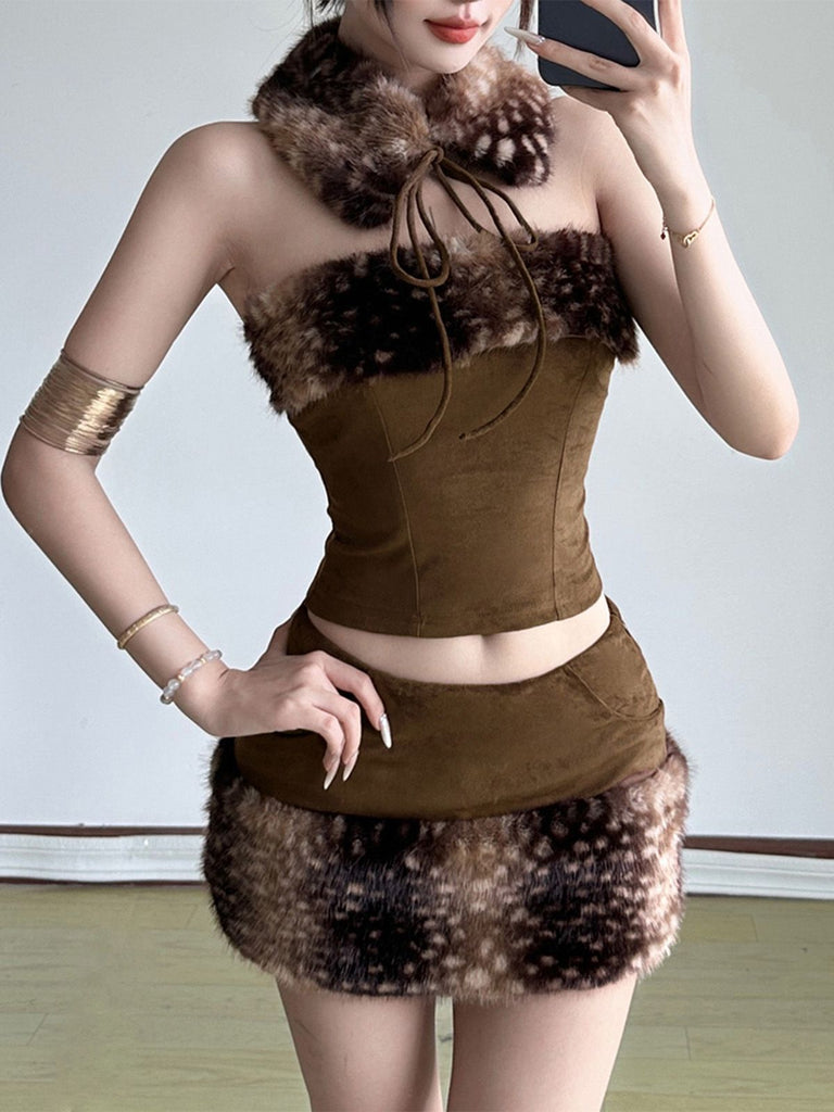 Braun 1980er Reh Kunstpelz-Verziert Rock