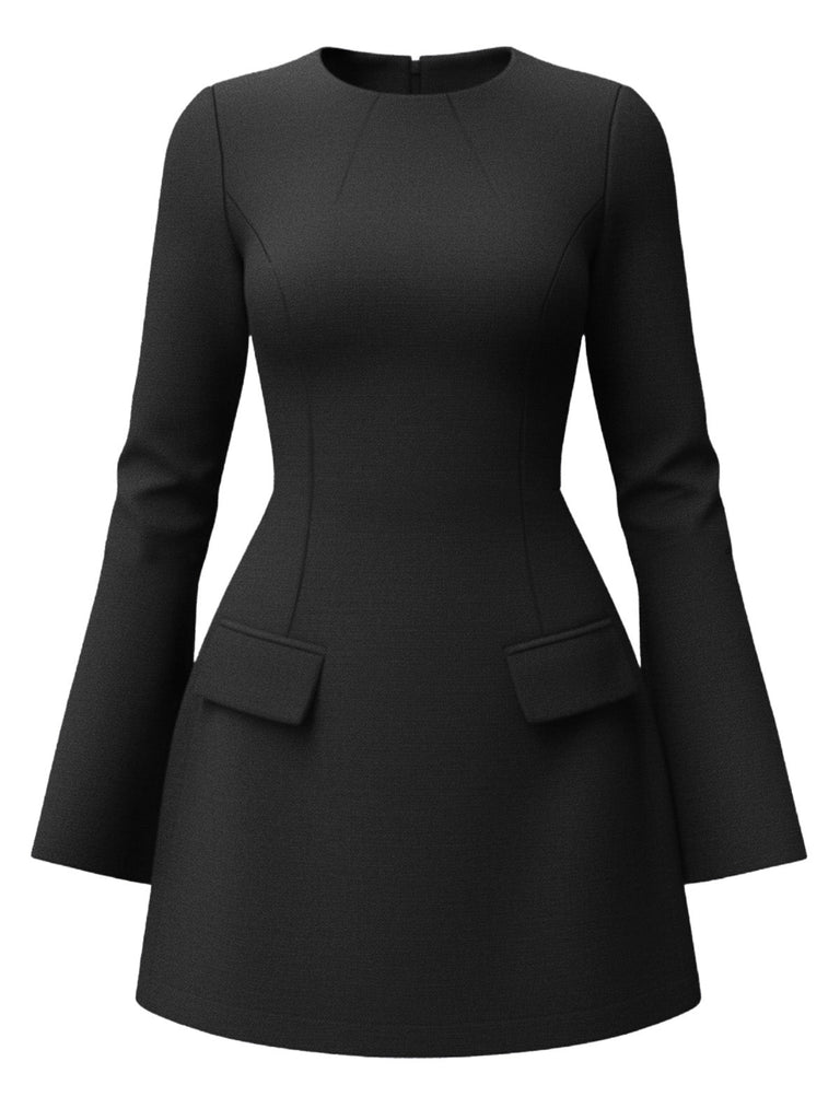 1960er Solide Langarm Faux Taschen Kleid
