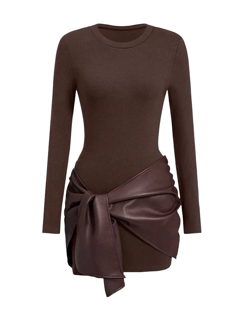 1980er Faux Leder Bogen Langarm Kleid