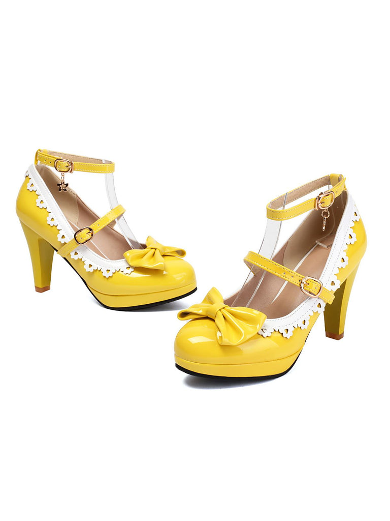 Vintage Bogen Farbblock Schnalle Mary Jane Schuhe