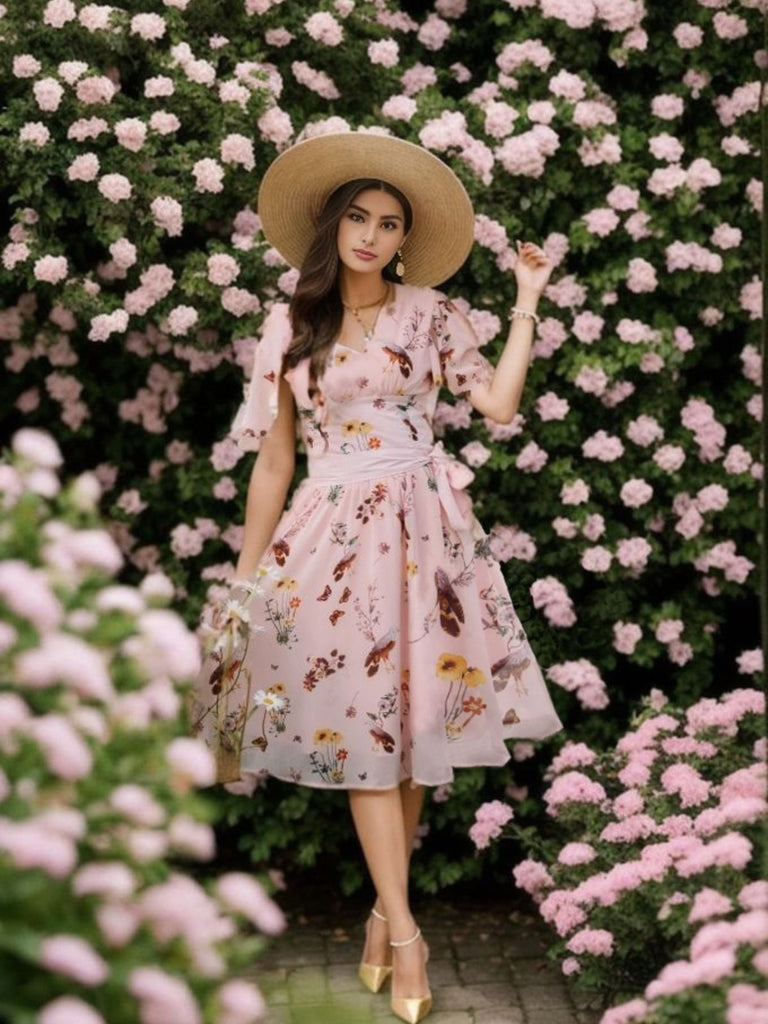 Rosa 1950er Blumen Vögel Bowknot V-Ausschnitt Kleid