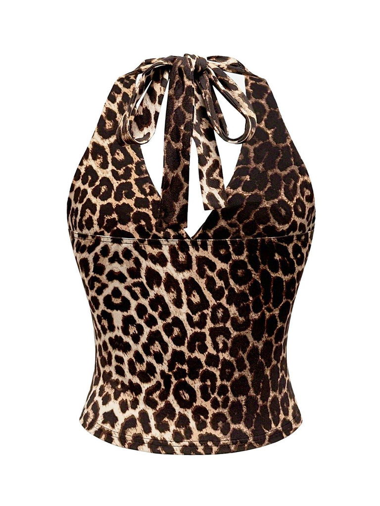 1980er Leopard Muster Halter Wickel Top