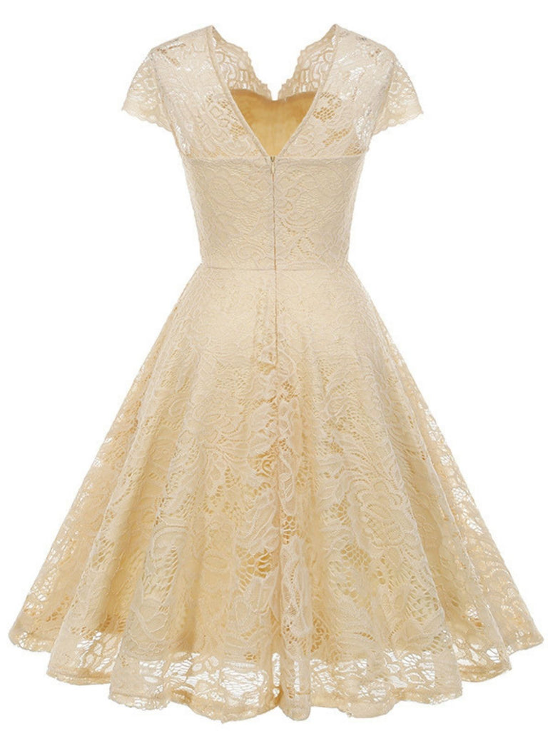 1950er Solide V-Ausschnitt Ärmellos Spitze Kleid