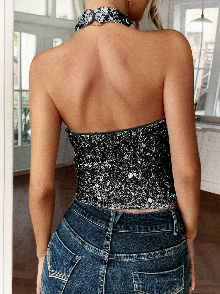 Metallic 1970er Halter Pailletten Ärmellos Top