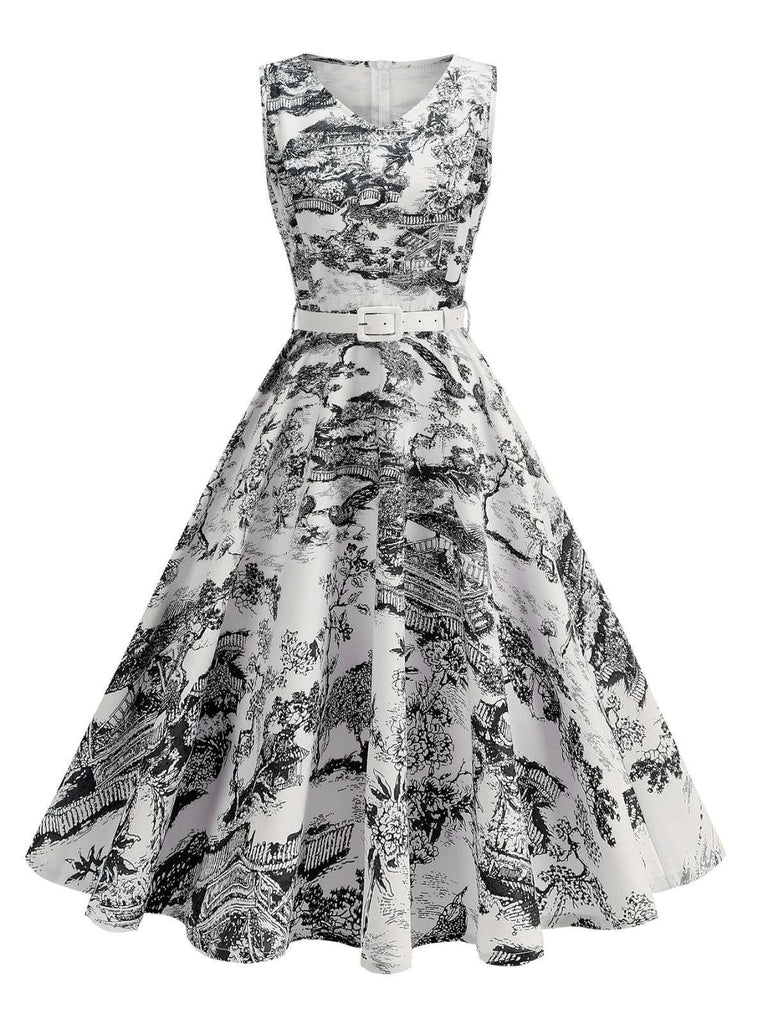 1950er Porzellan Landschaft Ärmellos Gürtel Kleid