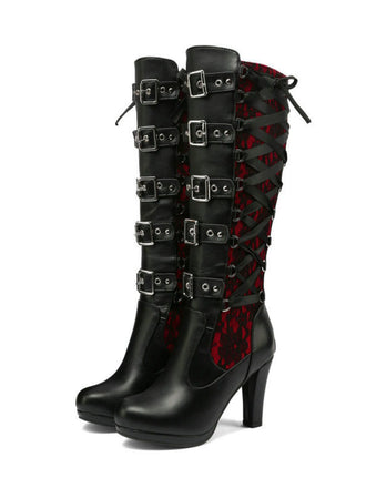 Schwarze Vintage-Punk-Stiefel mit roter Spitze, Schnürung und hohem Absatz