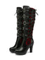 Schwarze Vintage-Punk-Stiefel mit roter Spitze, Schnürung und hohem Absatz
