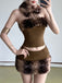 2PCS Braun 1980er Reh Kunstpelz-Verziert Crop Top & Rock