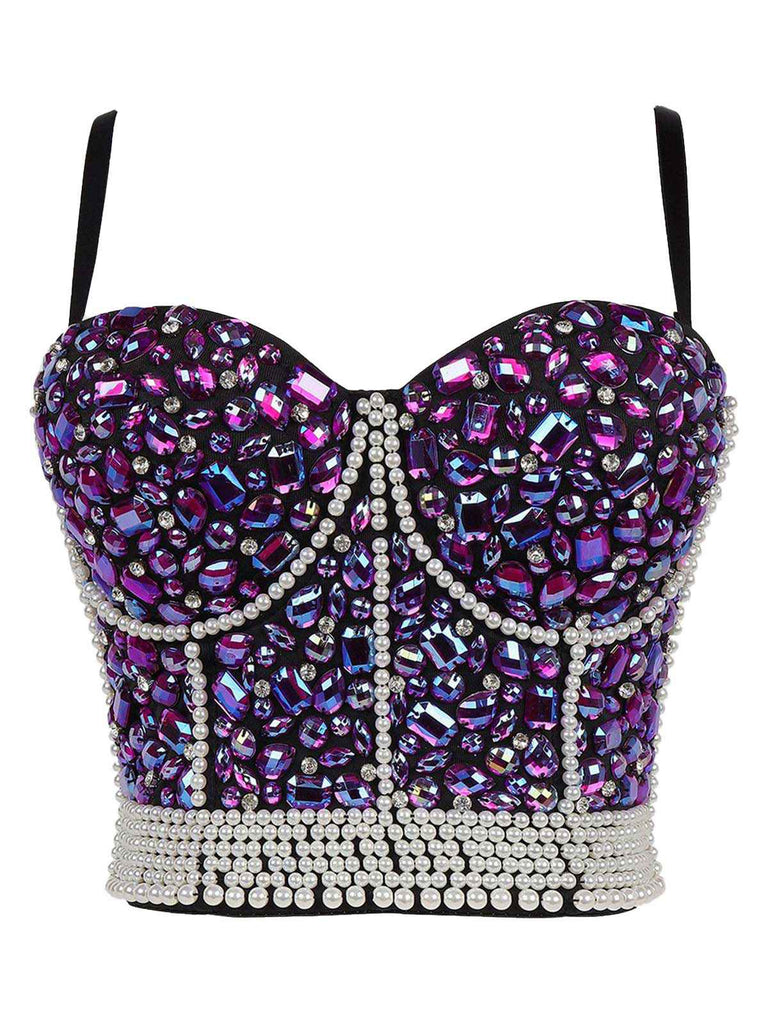 1970er Strassstein Perle Spaghetti Träger Korsett Top