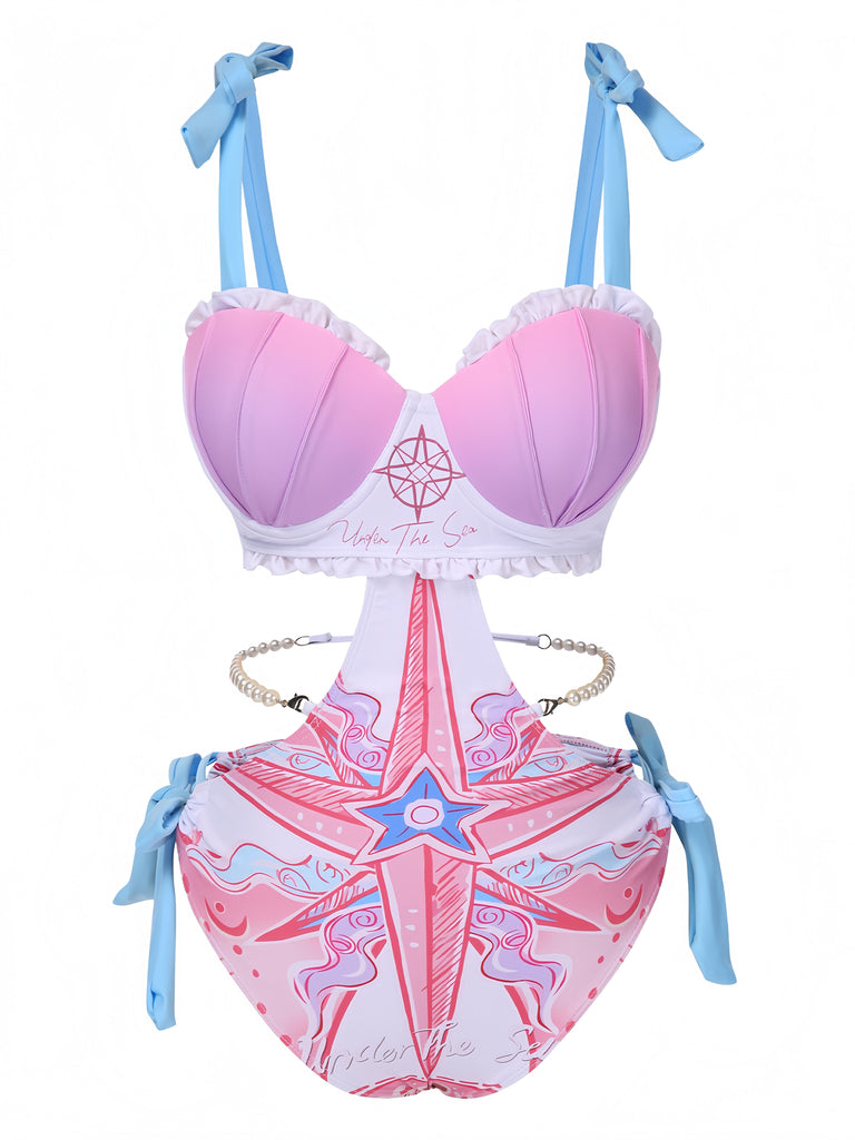 1970er Rüschen Perle Chain Hohl-Taille Badeanzug