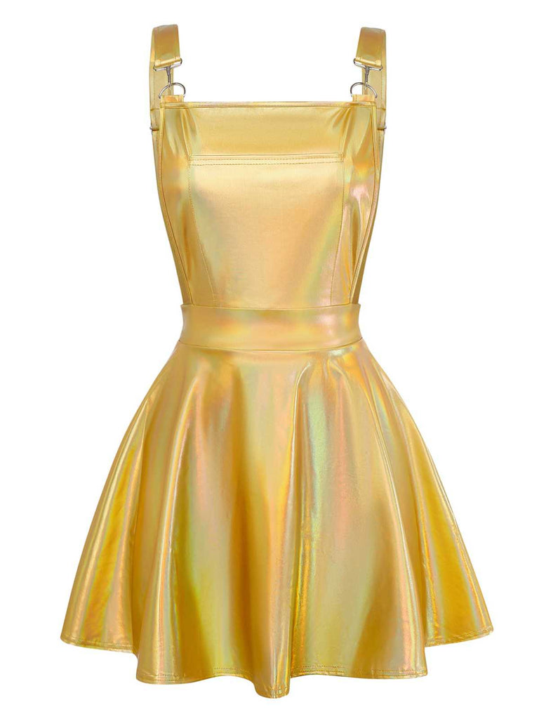 Blau 1970er Metallisch Holographic Suspender Kleid