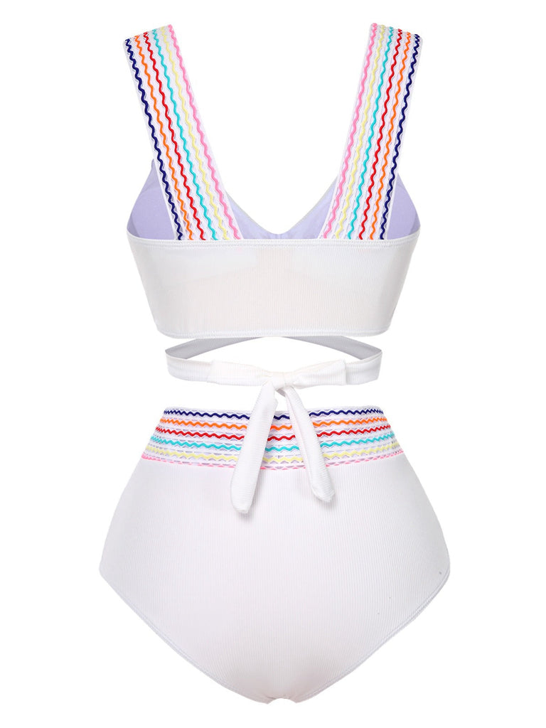 1940er Regenbogen Schnürung Patchwork Gurt Bikini Set