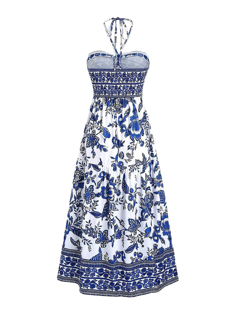 1970er Boho Halter Ethnisch Drucken Kleid