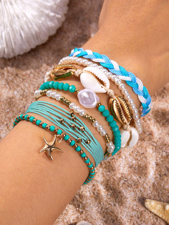 7PCS Blau Muschel Perlen Geflochten Mehrlagig Armband-Set