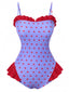 Blau 1950er Polka Dots Rüschen Badeanzug