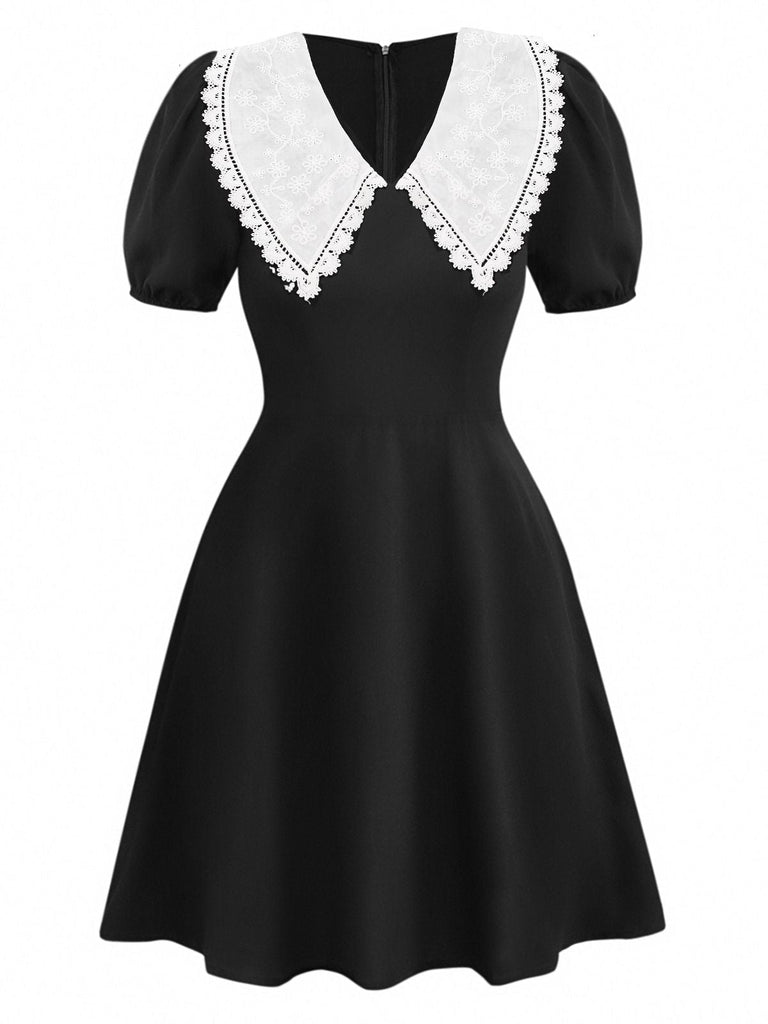 Schwarz 1960er Spitze Kragen Puffärmel Kleid