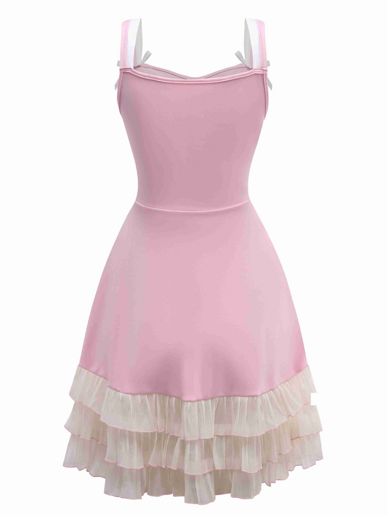 1950er Geschichtet Saum Kontrast Bogen Träger Kleid