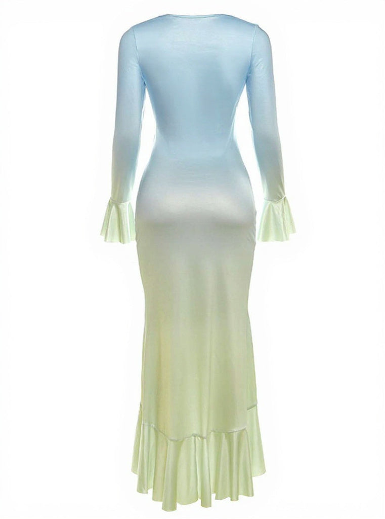 Ombre 1980er Gerüschtes Rüschen-Hem Langarm Maxi Kleid