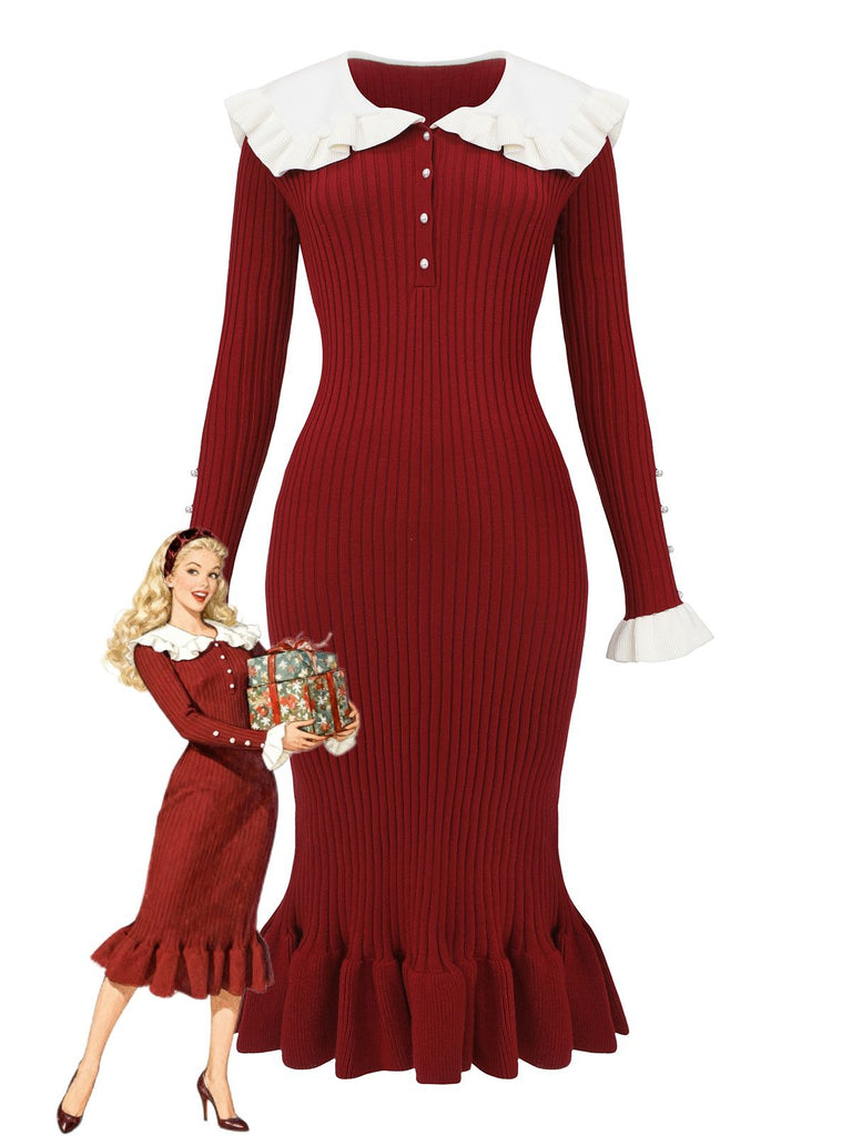 1980er Rippstrick Rüschen Kragen Midi Kleid