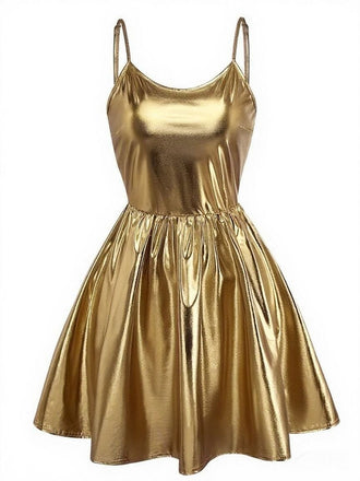 Gold 1980er Metallisch Spaghetti Träger Party Kleid