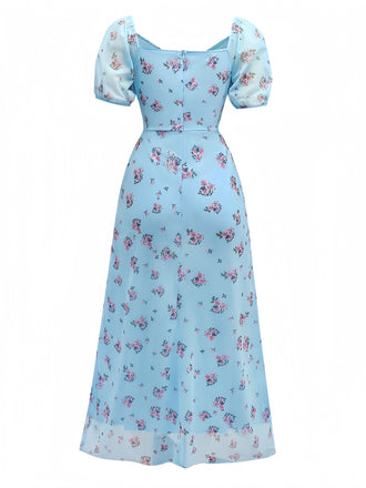 Blau 1930er V-Ausschnitt Rose Netz Rüschen Kleid
