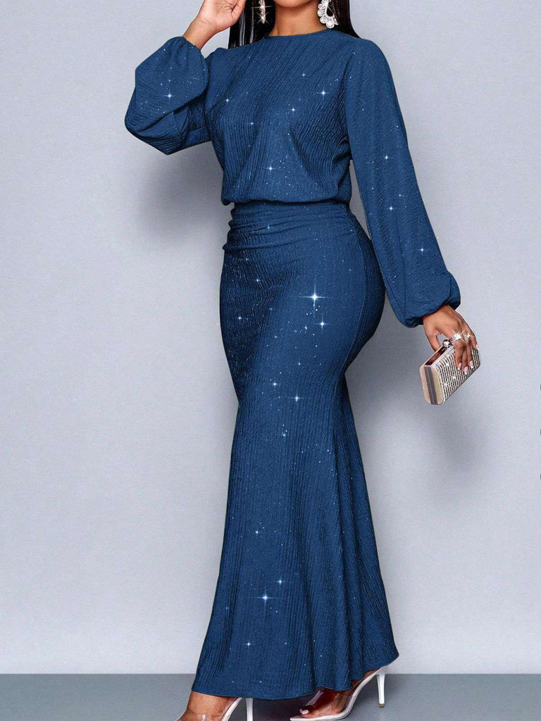 1930er Funkeln Gerüschtes Laternenärmel Stricken Fischschwanz Kleid