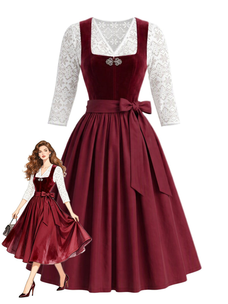Weißes & Weinrotes Oktoberfest Dirndl-Set mit Spitze und Schürze