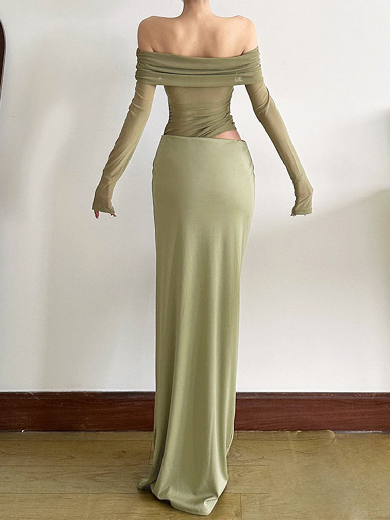 1980er Solide Schulterfrei Netz Cut-Out Durchsichtig Kleid