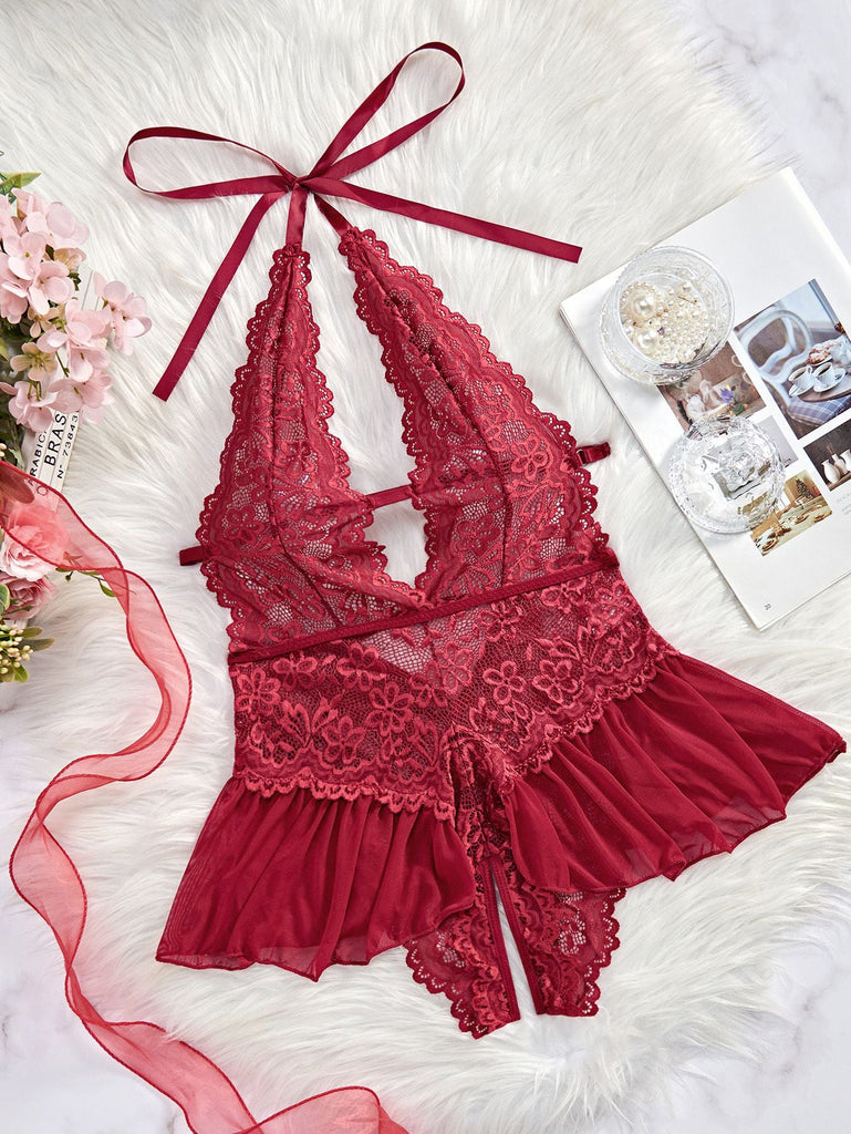 1980er Halter Spitze Dessous mit Leopard Druck Rock