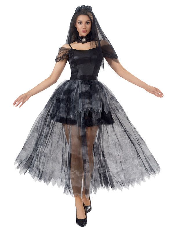 Schwarz 1970er Halloween Geisterbraut Tüll Kleid Set