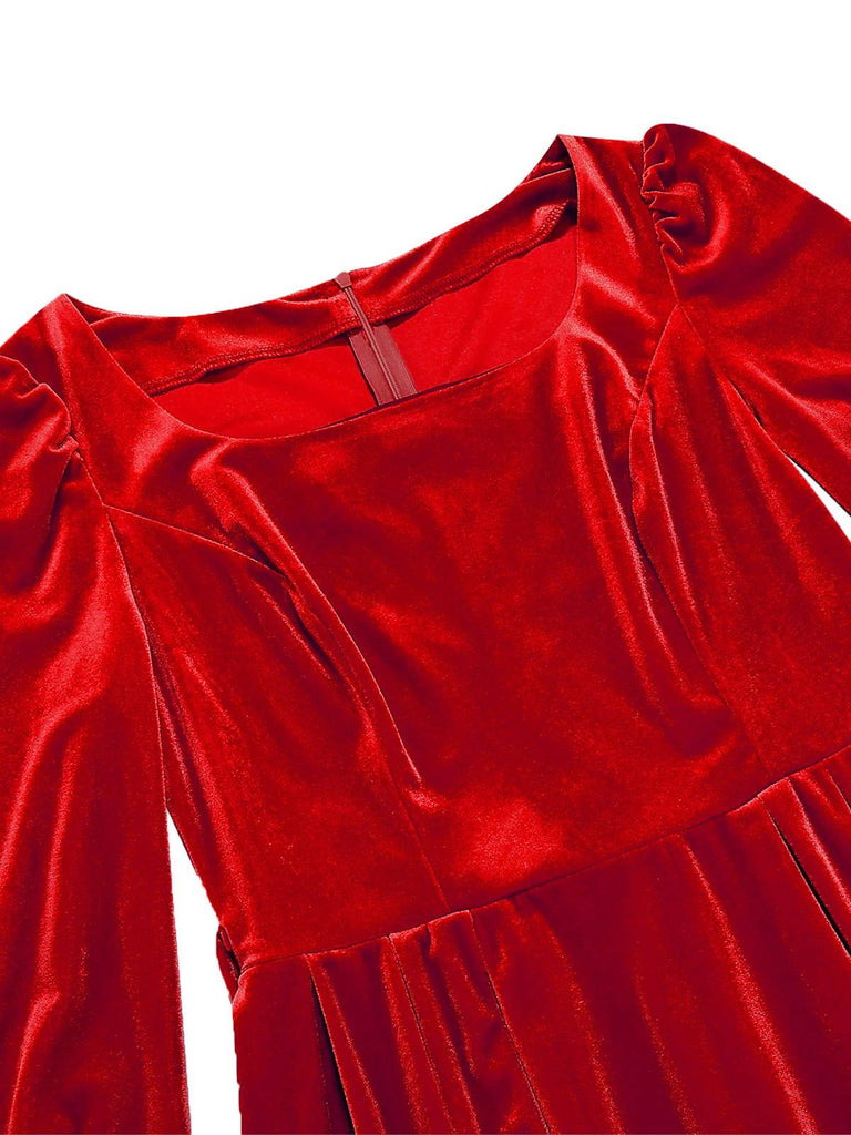 Dunkelgrün 1950er Weihnachten Samt Quadratischer Hals Langarm Kleid