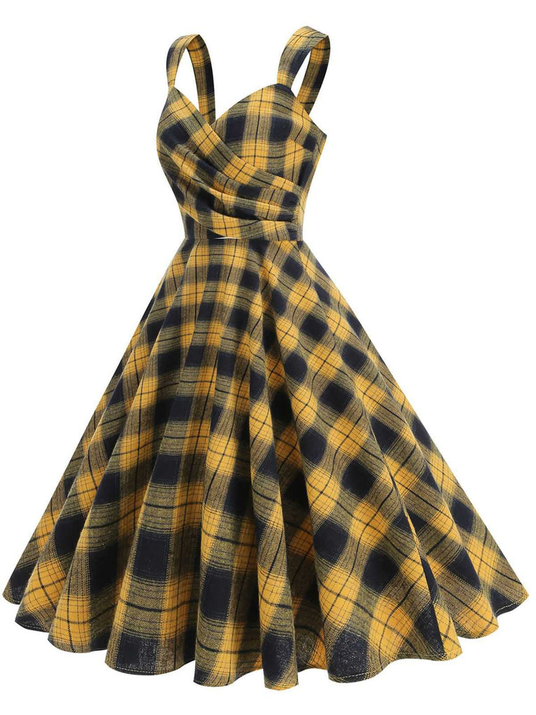 1950er Slip V-Ausschnitt Plaid Swing Kleid
