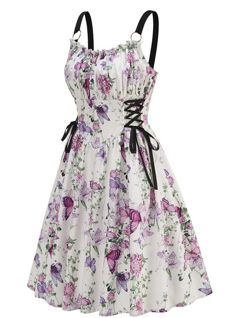 [Vorverkauf] 1950er Träger Blumen Schmetterlinge Schnürung Korsett Kleid