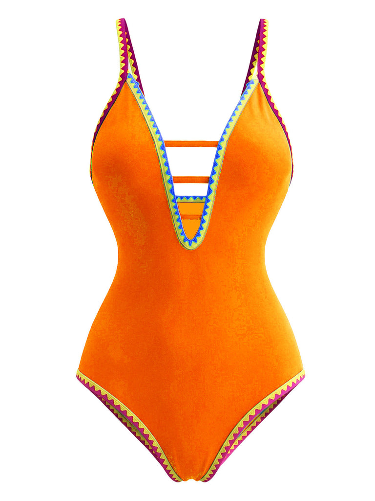 1970er Farbblock Träger Ausschnitt Einteiliger Badeanzug