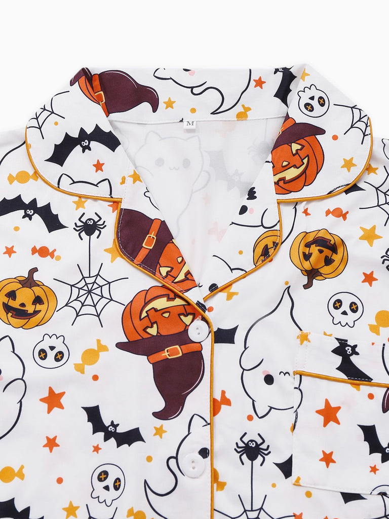Weiß 1950er Halloween Kerbkragen Pyjama Set