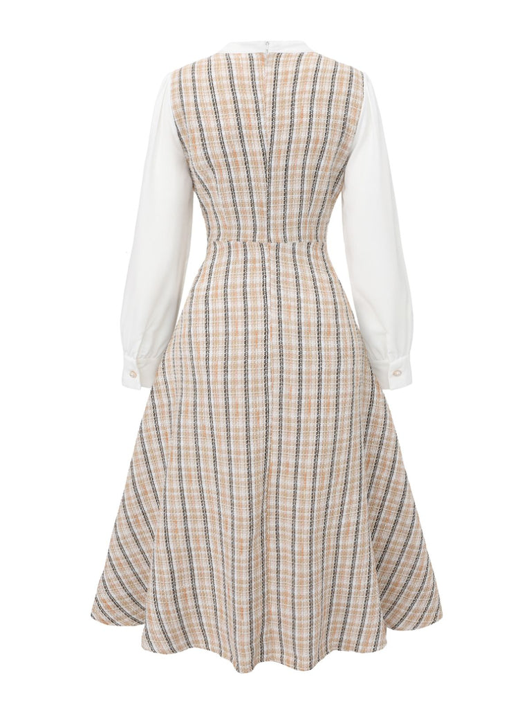 Khaki 1940er Vintage Patchwork Langärmel Kleid
