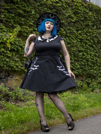[Übergröße] Schwarz 1950er Halloween Fledermaus Swing Kleid