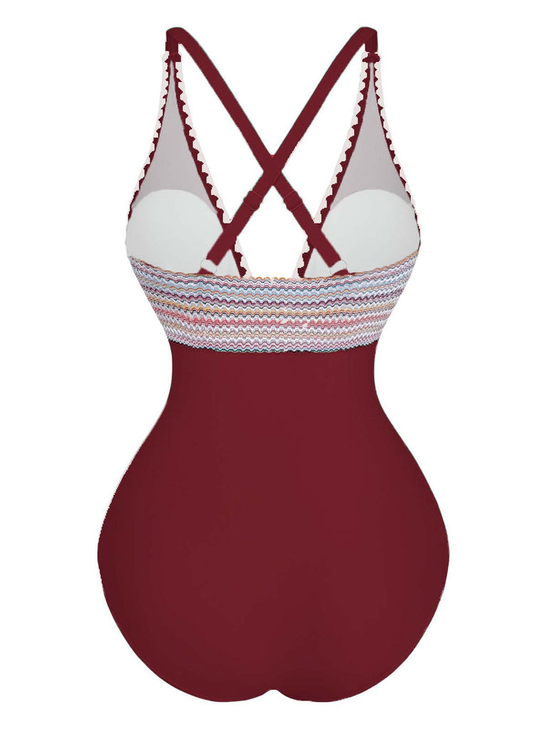 1940er Tiefer V-Ausschnitt Wellig Patchwork Einteiliger Badeanzug