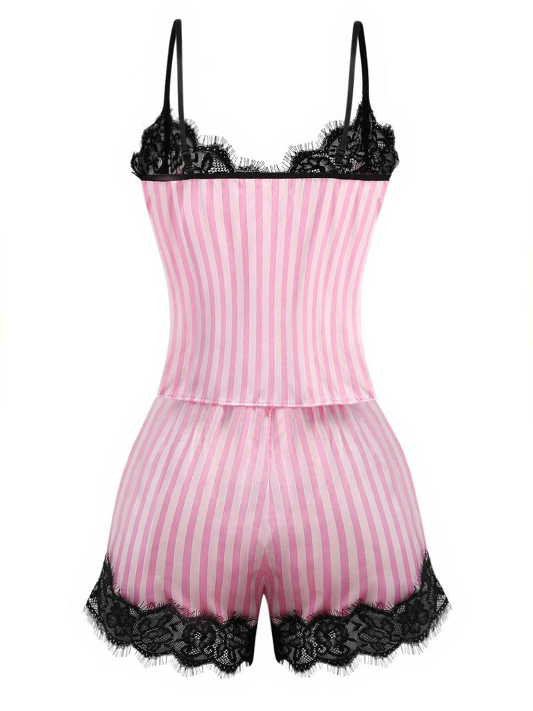 Rosa 1930er Träger Streifen Spitze Pyjama Set