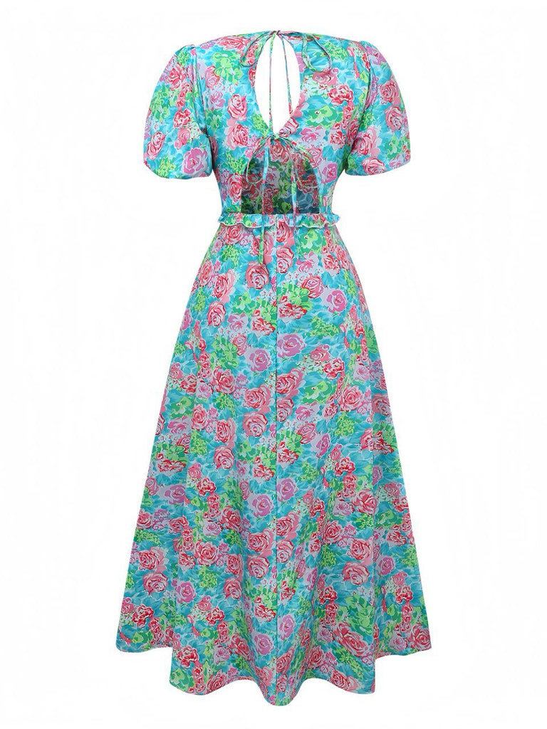 Grün 1970er Boho Blumen V-Ausschnitt Kleid