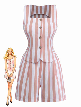 2pcs Khaki 1960er Streifen Quadratischer Hals Ärmellos Weste & Shorts