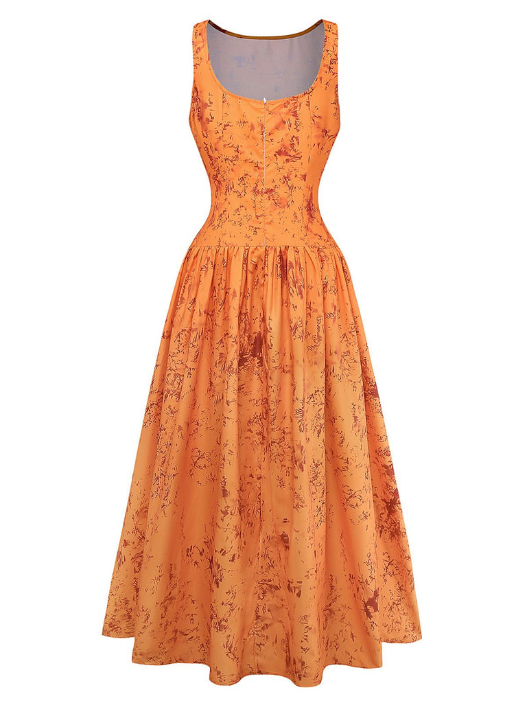 Orange 1930er Baumwolle Ärmellos Bedruckt Tailliert Kleid