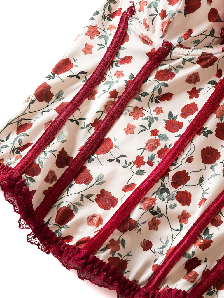 Rot 1970er Trägerlos Gericht Spitze Rosen Korsett