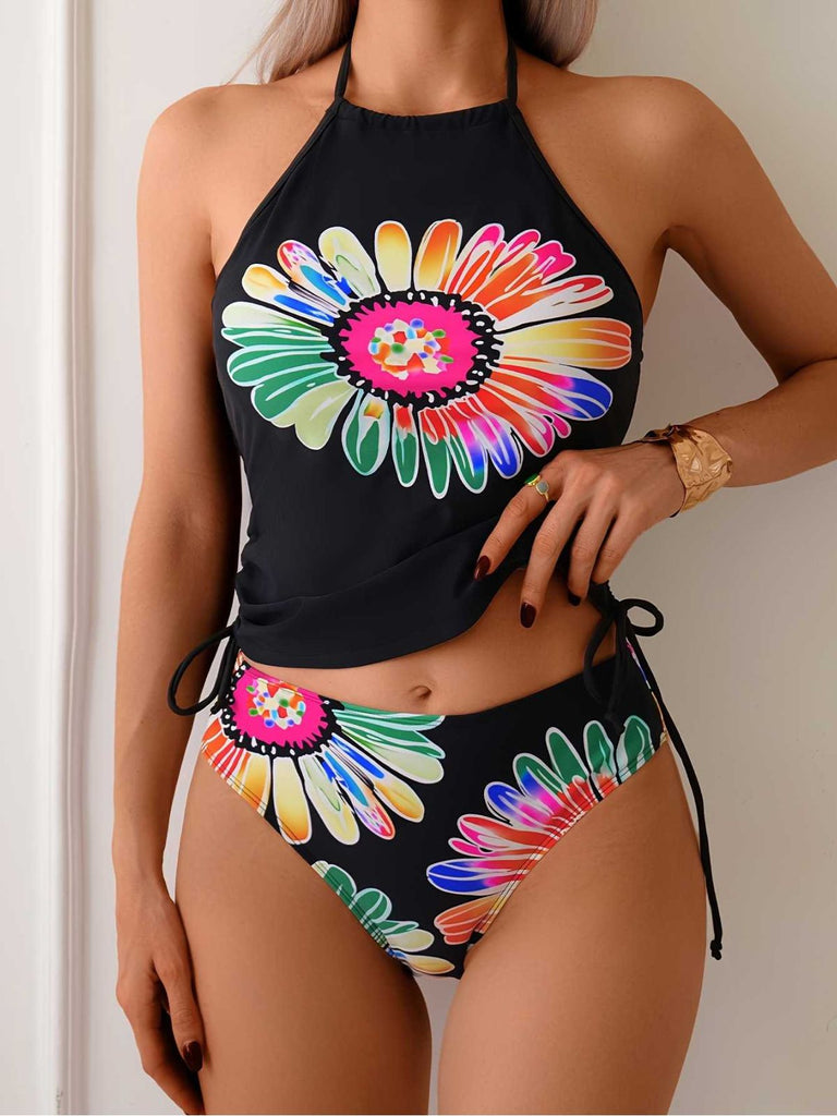 1960er Halter Neon Daisy Schnürung Tankini Set