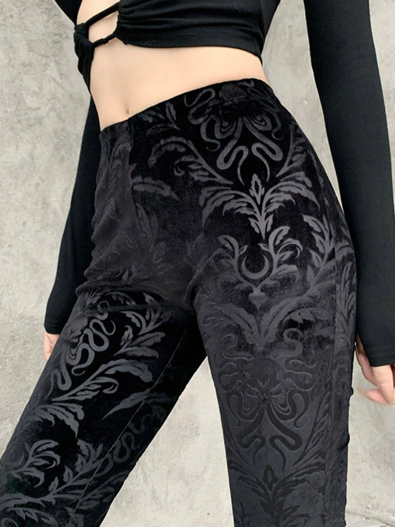 Schwarz 1980er Punk Rebe Drucken Samt Bootcut Hose
