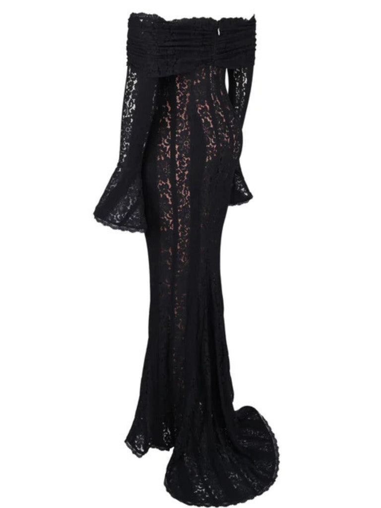 1930er Schulterfrei Spitze Trompetenärmel Maxi Meerjungfrauenkleid